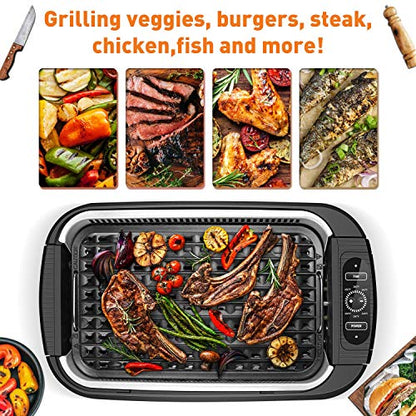 Indoor Grill, Techwood 1500W Smokeless Electric Grill with Tempered Glass Lid, Compact & Portable Non-Stick BBQ Grill with 6-Level Control, Dishwasher Safe, Black