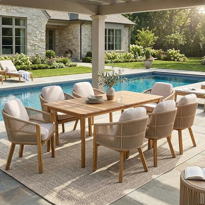 Christopher Knight Home Grotta 9 Piece Outdoor Dining Set, Acacia Wood Patio Dining Table Set with 8 Rope Weave Chairs Beige Cushions Rectangular Outdoor Furniture Set for Garden Patio Backyard