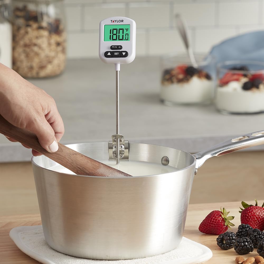 Taylor Programmable Digital Candy and Deep Fry Thermometer with Green Light Alert Display, Long Stem, and Adjustable Pan Clip, White