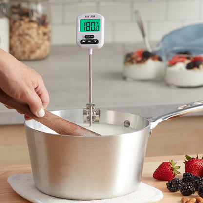 Taylor Programmable Digital Candy and Deep Fry Thermometer with Green Light Alert Display, Long Stem, and Adjustable Pan Clip, White