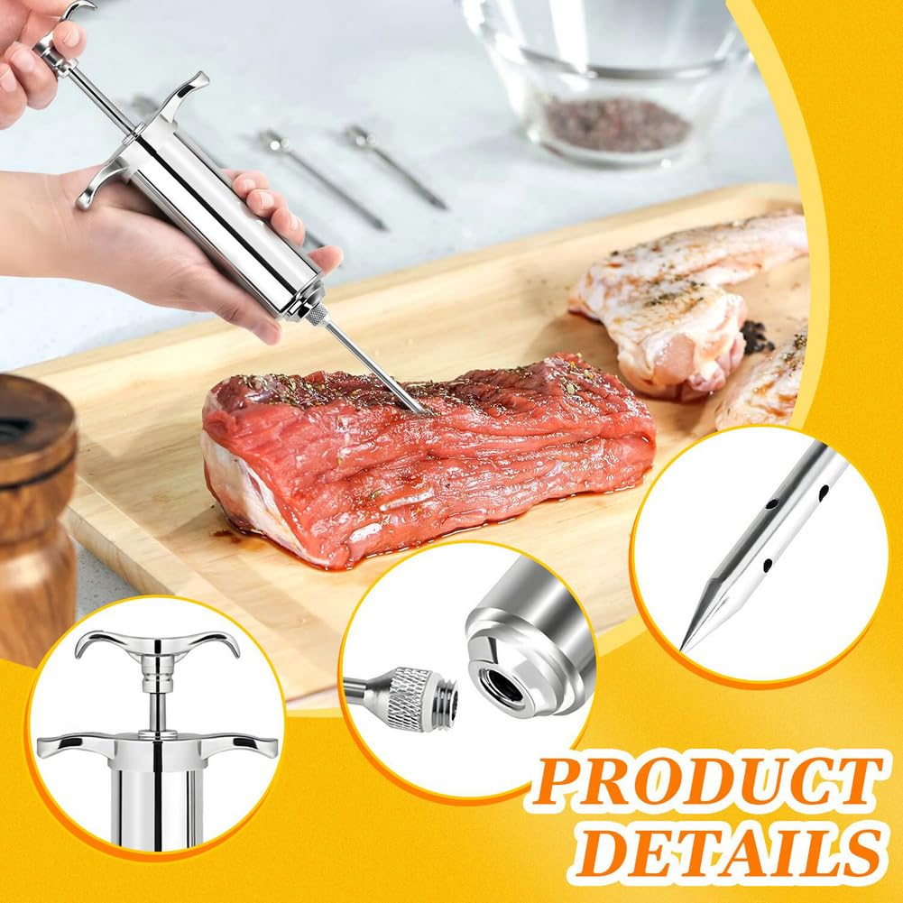 PEOUWNES 304-Stainless Steel Meat Injector Syringe Kit with 3 Marinade Needles for BBQ Grill Smoker, Turkey, Brisket, Beef, Fish, 2-oz Large Capacity, Silicone Brush and Cleaning Brush