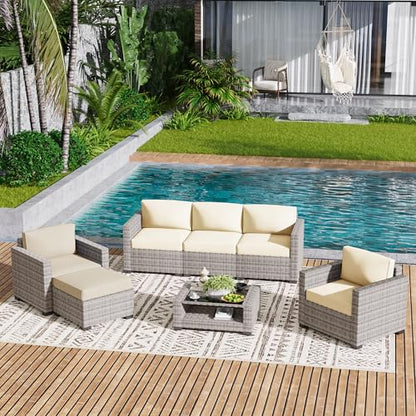 LOUVIXA 7 Piece Outdoor Patio Furniture Set, Rattan Chairs Glass Table Wicker Conversation Seating Sectional Sofa with Cushions (Grey White-Beige, 7Pcs-2 Layer Coffee Table)