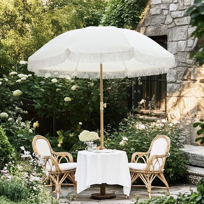Kbrellaoutlets Patio Fringe Umbrella with UPF 50+ Protection,8 Ribs and Push Button Tilt,Outdoor Beach Umbrella For Garden, Courtyard,Pool,Outside