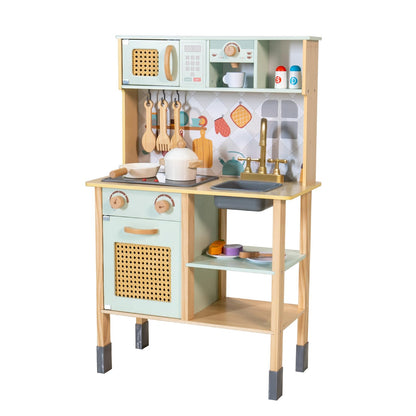 Garsing Play Kitchen for Kids Toddlers with Sounds, Wooden Kids Kitchen Playset with Realistic Features, Modern Toy Kitchen Sets with Storage and Accessories for Boys Girls, Age 3+, Green