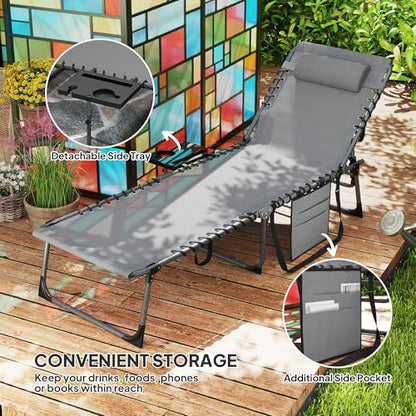 Outsunny Folding Chaise Lounge Chair Outdoor Tanning Chair with Side Table, 5-Level Adjustable Beach Lounge Chair with Headrest, Side Pocket for Patio, Backyard, Beach, Poolside, Gray