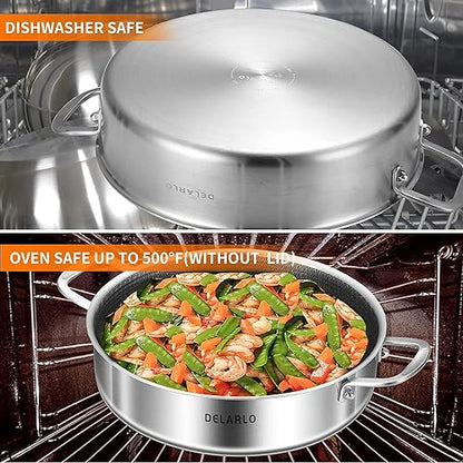 DELARLO Tri-Ply Stainless Steel 10 Inch Deep Frying Pan 3QT Saute Pan With Lid, Induction Compatible Chef Cooking Pan with lid, Dishwasher & Oven Safe
