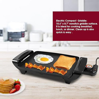 Elite Gourmet EGR-2722B Electric 10.5" x 8.5" Griddle, Cool-touch Handles Non-Stick Surface, Removable/Adjustable Thermostat, Skid Free-Rubber Feet, Black