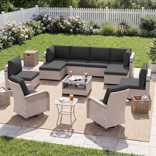 SnugVista Patio Furniture Set, 12-Piece Outdoor Sectional Sofa with Swivel Rocker Chairs & Ottomans, Wicker Patio Conversation Set with Coffee Table, Black Cushions