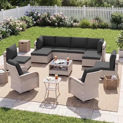 SnugVista Patio Furniture Set, 12-Piece Outdoor Sectional Sofa with Swivel Rocker Chairs & Ottomans, Wicker Patio Conversation Set with Coffee Table, Black Cushions