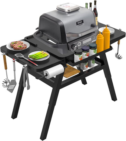 BBQ-PLUS Grill Stand for Ninja Woodfire Outdoor Grills, Portable Adjustable Grill Cart for Ninja OG700 OG800 OG900 Series Smoker Blackstone 17" Griddle,Folding Table with Shelf