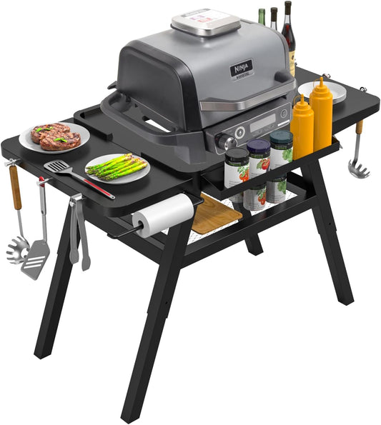 BBQ-PLUS Grill Stand for Ninja Woodfire Outdoor Grills, Portable Adjustable Grill Cart for Ninja OG700 OG800 OG900 Series Smoker Blackstone 17" Griddle,Folding Table with Shelf