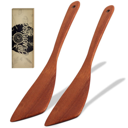 HAOIOKSC 2 Pcs Solid Wood Spatula Set for Nonstick Pans, 12-inch Ergonomic Kitchen Tool with Curved Edge, Handcrafted Utensil for Flipping Eggs Fish Pancakes, Natural Cooking Gift