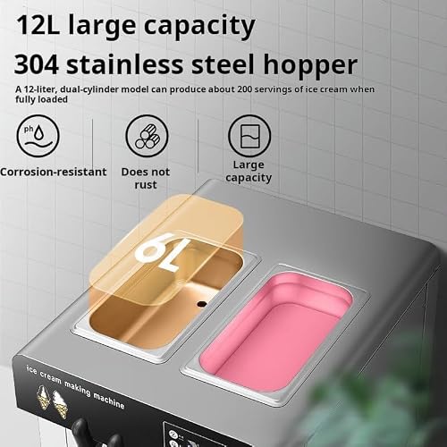 Commercial Ice Cream Machine,Soft Serve Ice Cream Machine Countertop, Soft Serve Machine with Built-in Puffing Pump, Dual Hopper&Pre-Cooling, Easy-Clean for Snack Dessert Shops (three-heads)