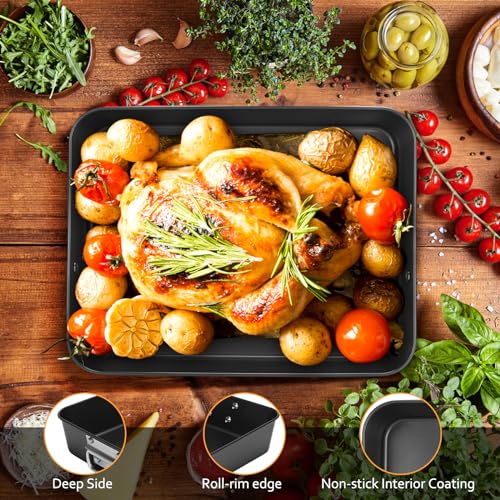 Lasagna Pan 3 Inch Deep, 2 Pcs 13.7"16" Baking Pan for Oven, Roasting Pans with Handles, Nonstick Rectangle Cake Pans, Heavy Duty, Dishwasher Safe, Dark Grey