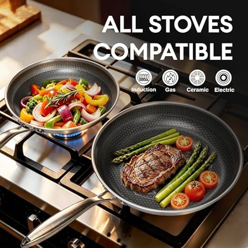 COOKER KING 12-Inch Stainless Steel Pan, Hybrid Nonstick Frying Pan, Skillet, 3-Ply Clad Cookware, Even Heat Distribution, Dishwasher & Oven Safe, with Stay-Cool Handle, Induction Compatible