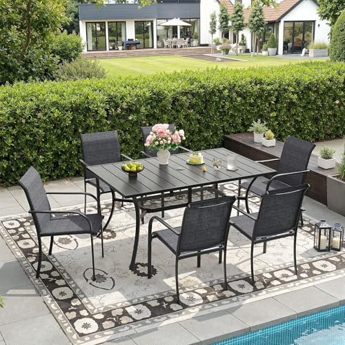 DIFY 7 Pieces Patio Dining Set for 6, Patio Furniture Includes Grey Stackable Sling Outdoor Chairs and 59.2" Rectangle Metal Black Table