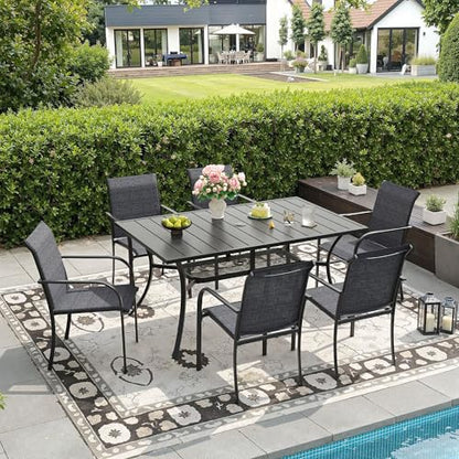 DIFY 7 Pieces Patio Dining Set for 6, Patio Furniture Includes Grey Stackable Sling Outdoor Chairs and 59.2" Rectangle Metal Black Table