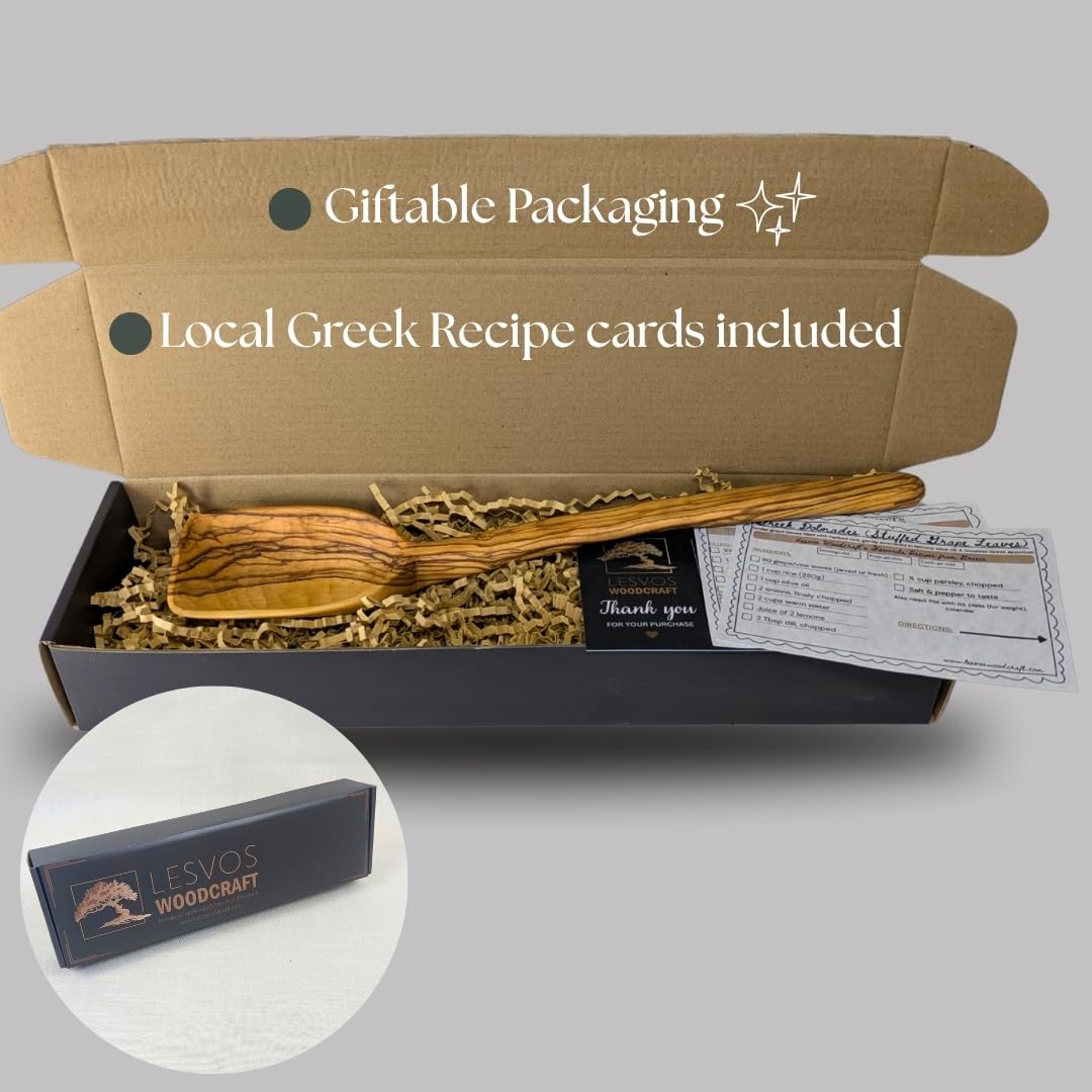 OLIVE WOOD Cooking Spoon, Great Gift, Handcrafted in Greece, Fair Trade Foodie Gift – Artisan Wooden Kitchen Includes Two Greek Recipe Cards - LESVOS WOODCRAFT