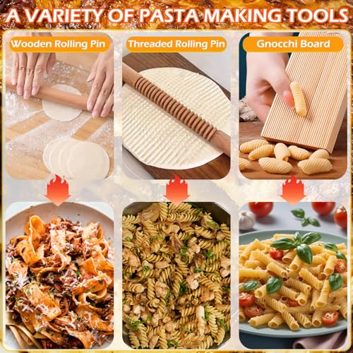 Pasta Making Tools, Pasta Making Kit, Includes Pasta Maker Machine, 1 Pasta Drying Rack, 3 Rolling Pins, 1 Gnocchi Board, 1 Dough Cutter, 1 Ravioli Cutter, 2 Pasta Stamps, 1 Silicone Dough Mat