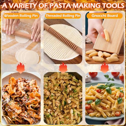 Pasta Making Tools, Pasta Making Kit, Includes Pasta Maker Machine, 1 Pasta Drying Rack, 3 Rolling Pins, 1 Gnocchi Board, 1 Dough Cutter, 1 Ravioli Cutter, 2 Pasta Stamps, 1 Silicone Dough Mat