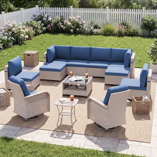 SnugVista Patio Furniture Set, 12-Piece Outdoor Sectional Sofa with Swivel Rocker Chairs & Ottomans, Wicker Patio Conversation Set with Coffee Table, Blue Cushions