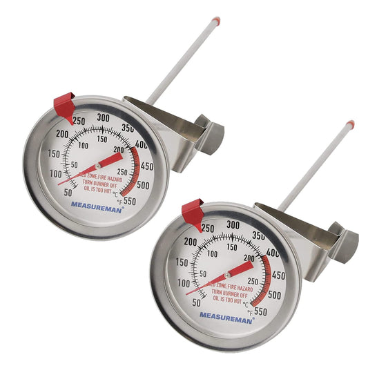 MEASUREMAN Deep Fry Thermometer 2"" dial Size, 12"" Stainless Steel Stem, Stainless Steel Adjustable clamp, Back red Reset Clip on Bezel, Tempered Glass Window, 50-550F/C, Accuracy: +/-2%",2 Pack