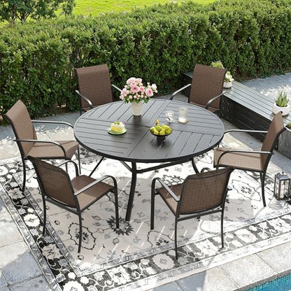 DIFY 7 Pieces Outdoor Patio Dining Set for 6, 50" Black Round Metal Dining Table and 6 Brown Stackable Sling Dining Chairs, Outdoor Table and Chairs for Lawn Garden Backyard Deck