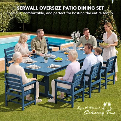 SERWALL 9 Piece Outdoor Dining Set, 84" HDPE Outdoor Table and Chairs for 8，All Weather Patio Furniture Set with Umbrella Hole for Backyard, Garden, Blue