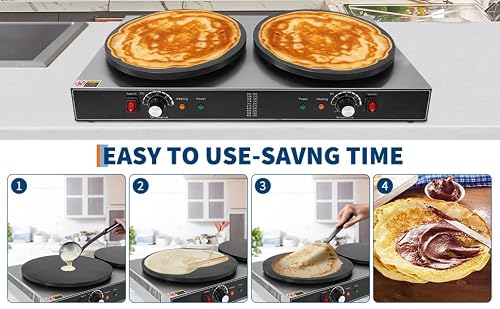 16 Inch Double Head Electric Crepe Maker – Commercial Non-Stick Flat Plate Griddle – Accurate Temperature Control & Gauge Lights – 3500W/1750W 110V – Perfect for Pancakes & Omelets