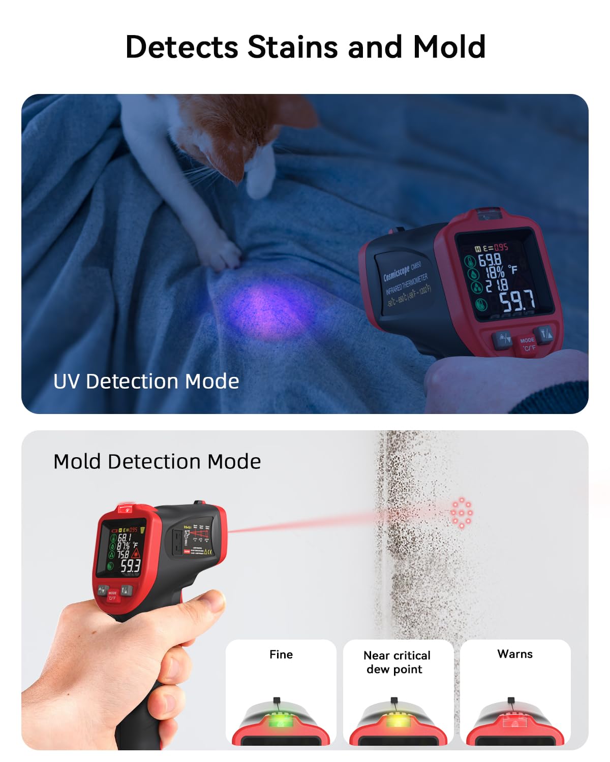 Infrared Thermometer Temperature Gun with Probe -58℉ to 1202℉, Digital Heat Surface Temp Gun, Non-Contact Laser Thermal Gun for Cooking Food, Barbecue Meat, Pizza Oven, Griddle (CM650)