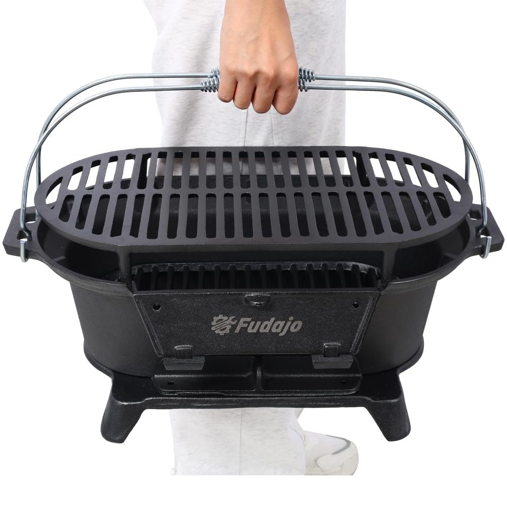 Cast Iron Hibachi Grill – Portable Charcoal BBQ for Outdoor Cooking, Durable Tabletop Skillet, Compact Camping Charcoal Cooker for Tailgating, Picnics & Hunting (Oval)