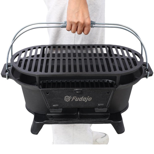 Cast Iron Hibachi Grill – Portable Charcoal BBQ for Outdoor Cooking, Durable Tabletop Skillet, Compact Camping Charcoal Cooker for Tailgating, Picnics & Hunting (Oval)