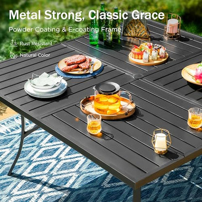 PHI VILLA 9 Pieces Outdoor Dining Set for 8, 60" Square Metal Table with Umbrella Hole & Wrought Iron Swivel Chairs, All Weather Outside Furniture with Blue Cushions & Pillows for Patio, Deck, Porch