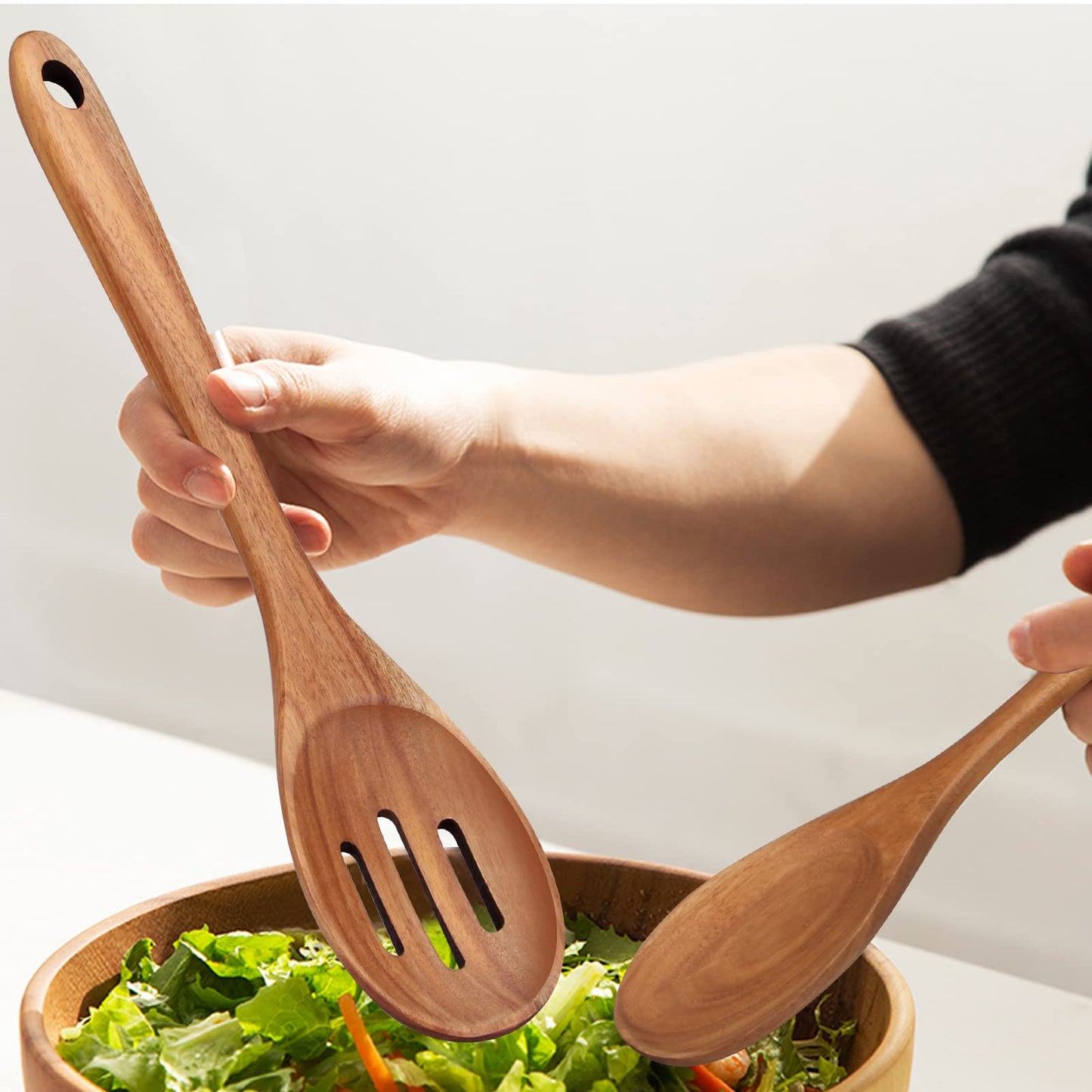 2-Piece 14 inch Large Wooden Spoon Set Non Toxic Solid Wood Spoon Cooking Utensils Slotted Spoon Long Non-Stick Cooking Spoons Teak Wood Kitchen Spatula for Mixing Stirring Serving Spoons