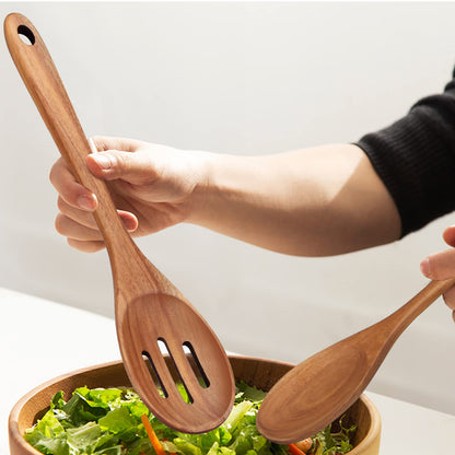 2-Piece 14 inch Large Wooden Spoon Set Non Toxic Solid Wood Spoon Cooking Utensils Slotted Spoon Long Non-Stick Cooking Spoons Teak Wood Kitchen Spatula for Mixing Stirring Serving Spoons