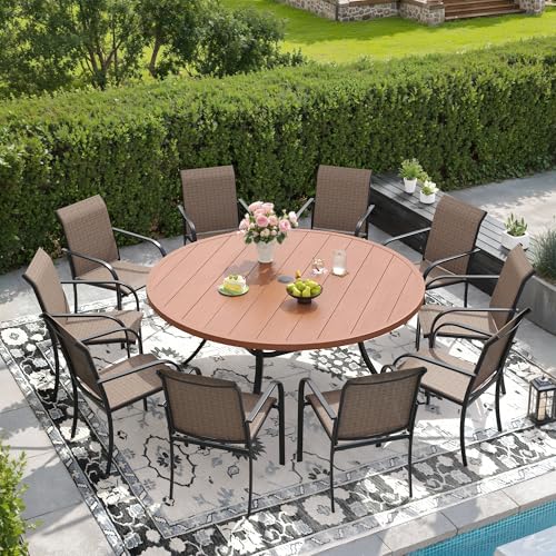 DIFY 11 Pieces Outdoor Patio Dining Set for 10, 60" Walnut Round Metal Dining Table and 10 Brown Stackable Sling Dining Chairs, Outdoor Table and Chairs for Lawn Garden Backyard Deck