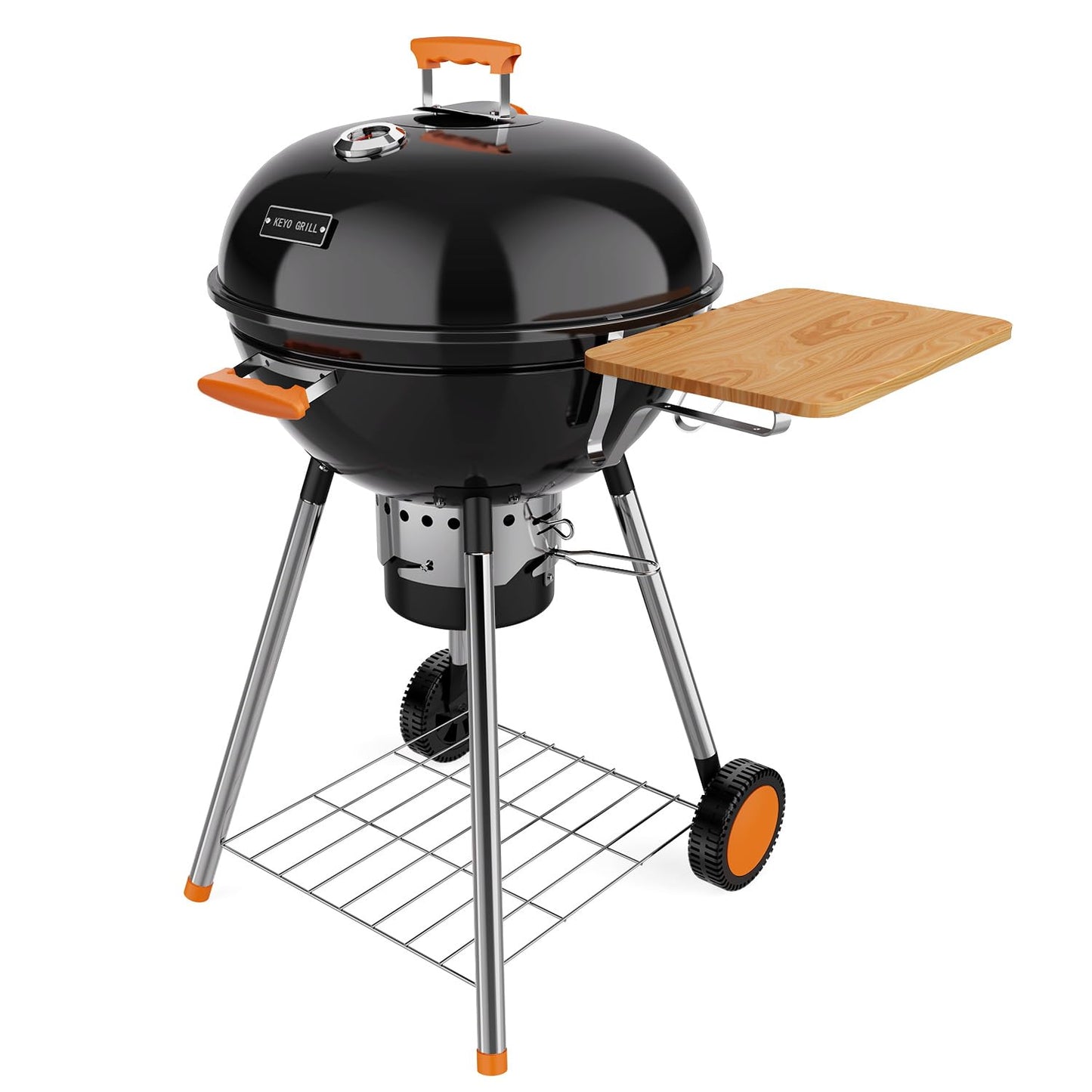 KEYO GRILL 22.5-inch Kettle Charcoal Grill with Detachable Side Table, Portable Charcoal Grills with Adjustable Vents, Outdoor BBQ Grill with Wheels for Camping, Tailgating and Backyard Cooking