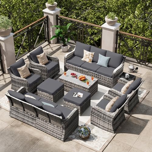 MEISSALIVVE Outdoor Patio Furniture Set with Swivel Chair, 10 Pieces Patio Conversation Set, Patio Sectional Furniture Set with 2 Three-seat Sofa, 2 Fixed Single Chair and Coffee Table (Grey)