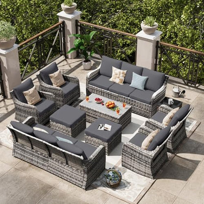 MEISSALIVVE Outdoor Patio Furniture Set with Swivel Chair, 10 Pieces Patio Conversation Set, Patio Sectional Furniture Set with 2 Three-seat Sofa, 2 Fixed Single Chair and Coffee Table (Grey)
