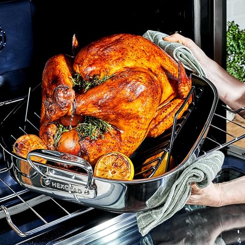 HexClad Hybrid 17 x 14 Inch Rectangular Nonstick Roasting Pan with Rack, Dishwasher-Friendly, Oven-Safe Up to 900°F, Compatible with All Cooktops