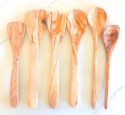 6 Pc 12"/14" Long Handle Olive Wood Utensil Set- by Orchard Hardwoods- Elegant Artisan Utensils for Non-Stick Cooking, Serving, Salads