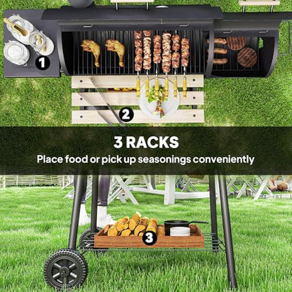 Outsunny Charcoal Grill with Offset Smoker, 231 Sq.In. Cooking Area, Barrel BBQ Grill and Smoker Combo with Side Tables, Shelf, Thermometer, Wheels for Outdoor Patio Backyard Party Event Gathering