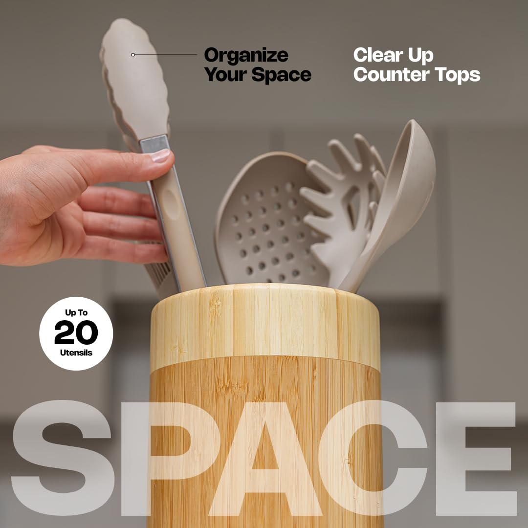 Samma Bamboo Kitchen Utensil Holder - Space-saving Countertop Utensil Organizer - Rotating Wooden Utensil Crock