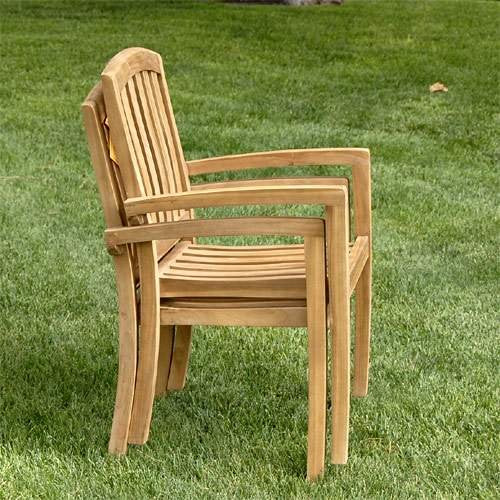 Bayview Patio New 11pc Indonesian Grade-A Teak Outdoor Dining Set- Extra Thick Rectangle Double Extension Table 118x40 + 10 Java Teak Stacking Dining Chairs. Fine Sanded Natural Finish