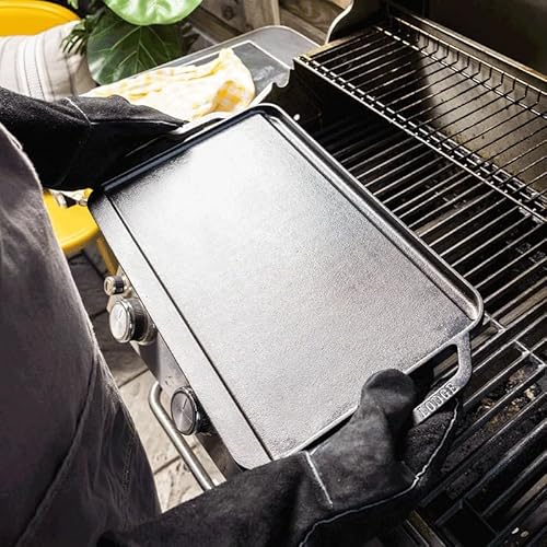 Lodge Pro-Grid Reversible Grill/Griddle - 20 Inches x 10.5 Inches - Dual-Sided Cast Iron Griddle - Double Burner Grill - Even Heat Distribution - PFAS-Free Non-Toxic Cookware