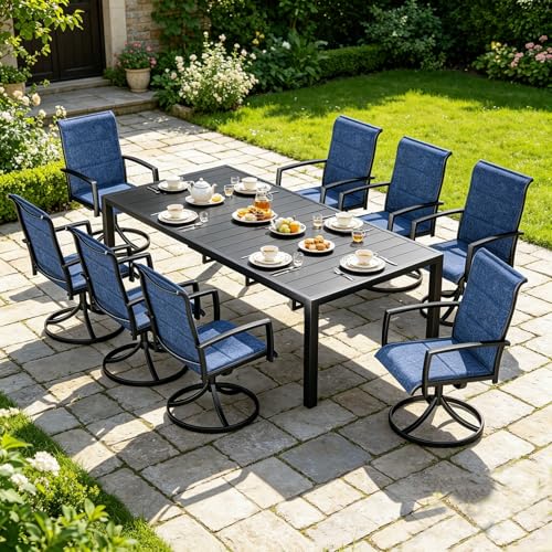 MEOOEM Expandable Outdoor Dining Set for 8, Modern 9 Piece Outdoor Dining Table Set with Highback Swivel Chairs 450LBS, All Weather Heavy Duty 8 Person Outdoor Dining Table Set for Outside, Navy Blue