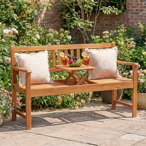 Devoko Outdoor Bench, 2-Person Garden Bench, Patio Wood Bench Outdoor Loveseat with Pull-Out Center Table for Backyard, Balcony and Patio and Garden (Log Color)
