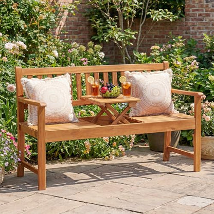 Devoko Outdoor Bench, 2-Person Garden Bench, Patio Wood Bench Outdoor Loveseat with Pull-Out Center Table for Backyard, Balcony and Patio and Garden (Log Color)