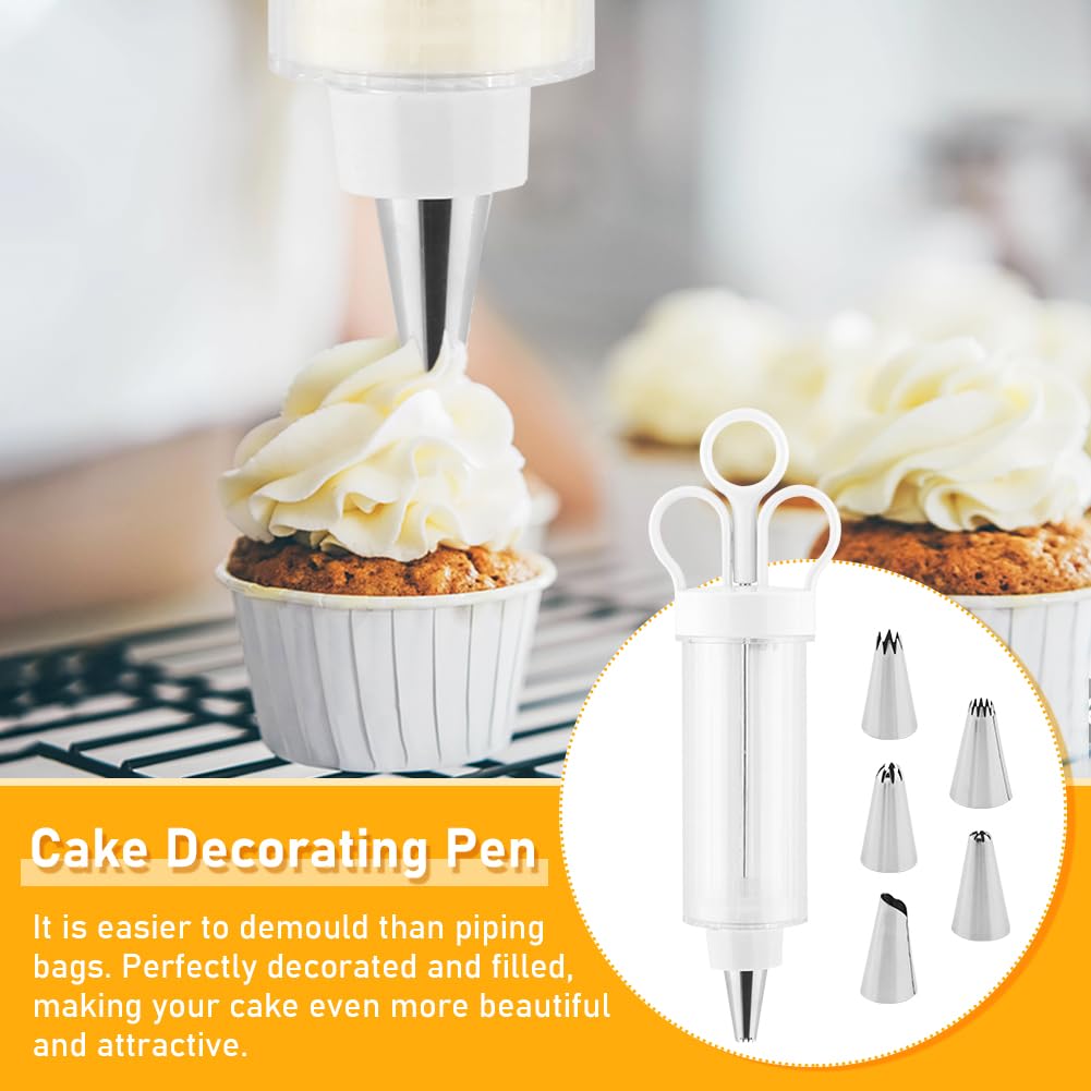 CALIDAKA Dessert Decorating Syring-e Set, Cupcake Frosting Filling Injecto-r with 6 Icing Nozzles,Cake Decorating Gu-n,Cream Piping Syring-e Nozzles Kits for DIY Cake Decorator, White