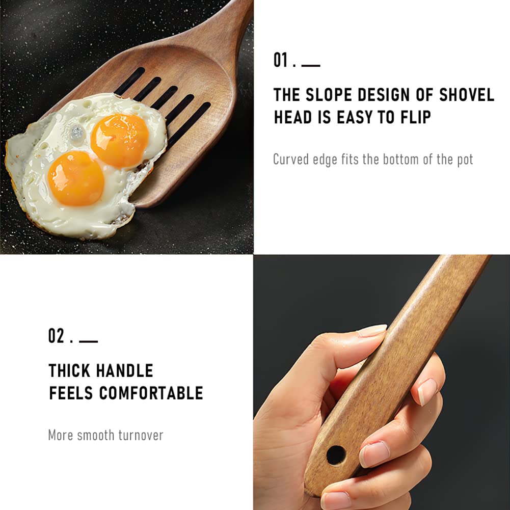 AYFDISHS Wooden Spatulas for Cooking, Handmade Natural Acacia Cooking Rice Paddle, Slotted Spatula for Nonstick Cookwares, Set of 2